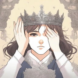 Two hands are raised towards a crown, illustrated in a detailed manhwa style