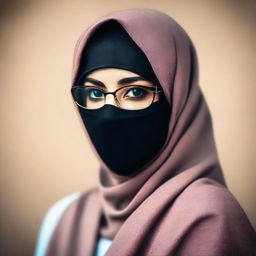 A young woman wearing a hijab and niqab along with glasses