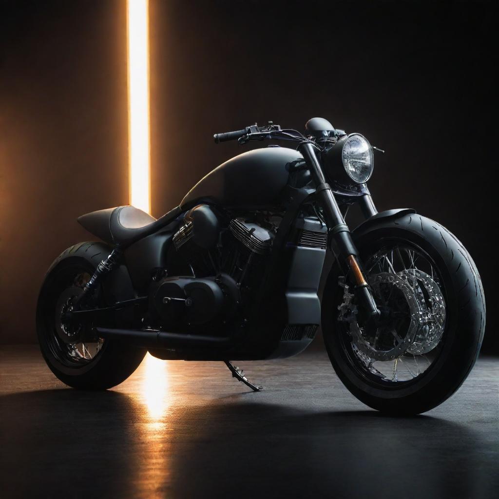 A sleek, modern motorcycle bathed in dramatic lighting