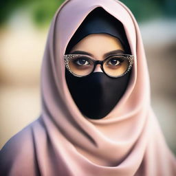 A young woman wearing a hijab and niqab along with glasses