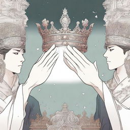 Two different hands are raised towards a crown, illustrated in a detailed manhwa style