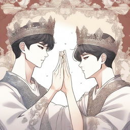 Two different hands are raised towards a crown, illustrated in a detailed manhwa style