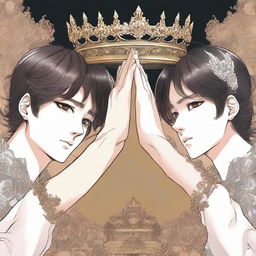 Two different hands are raised towards a crown, illustrated in a detailed manhwa style