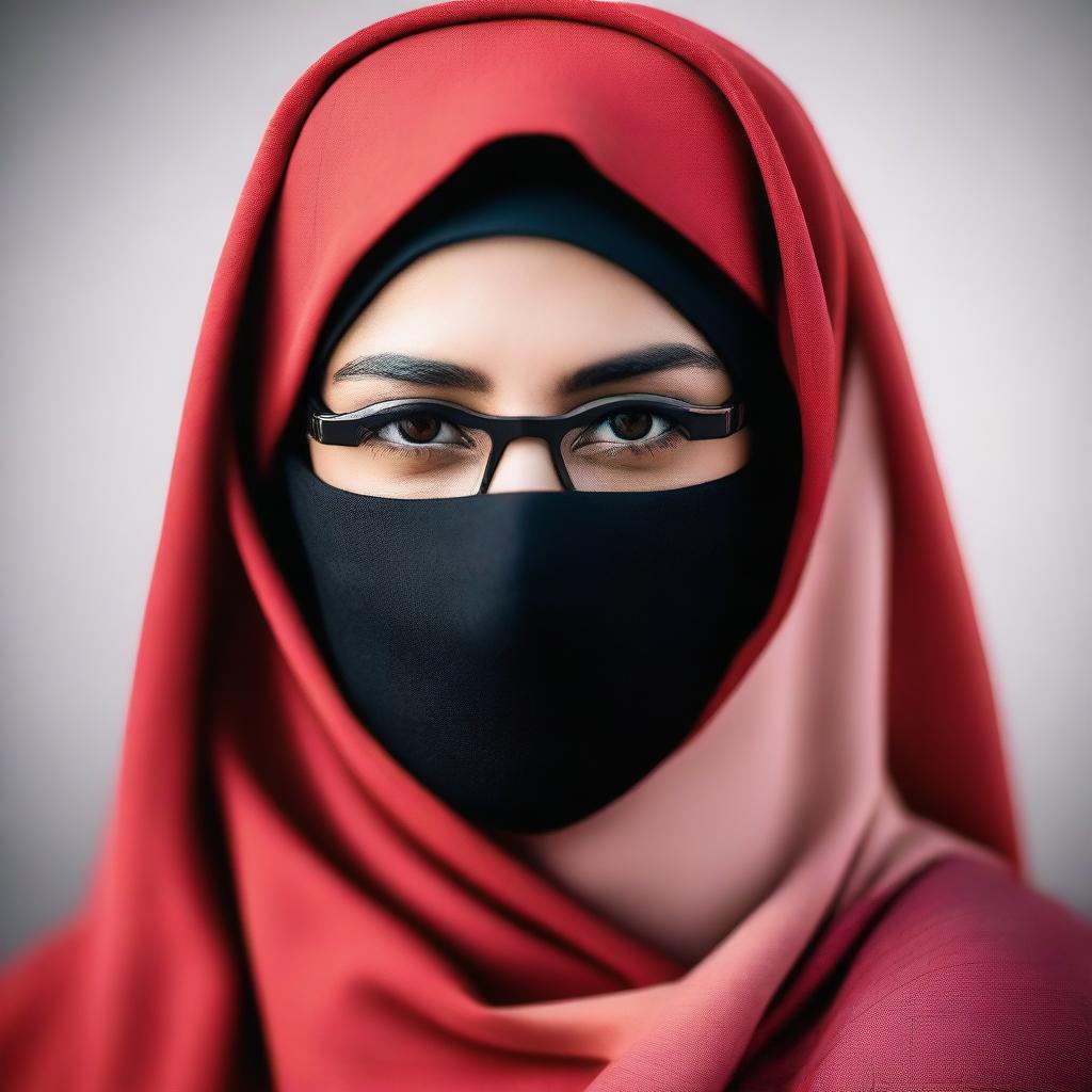 A young woman wearing a hijab and niqab, with glasses