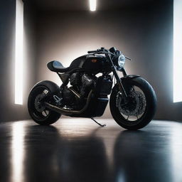 A sleek, modern motorcycle bathed in dramatic lighting