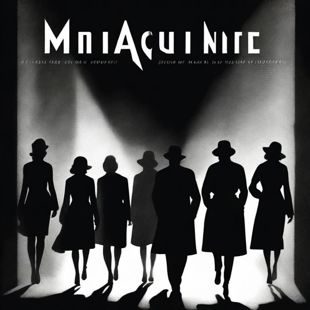 Generate a black and white movie poster featuring the shadow of a man surrounded by four women against a dark and dramatic background