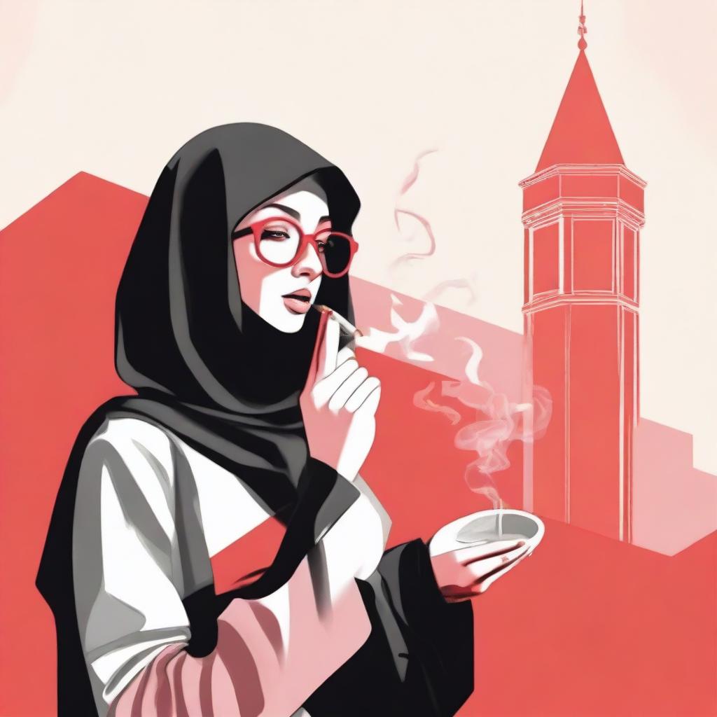 A woman wearing a hijab and niqab with glasses, removing her hijab to reveal red ombre hair, smoking a cigarette and drinking