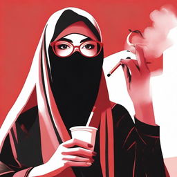 A woman wearing a hijab and niqab with glasses, removing her hijab to reveal red ombre hair, smoking a cigarette and drinking