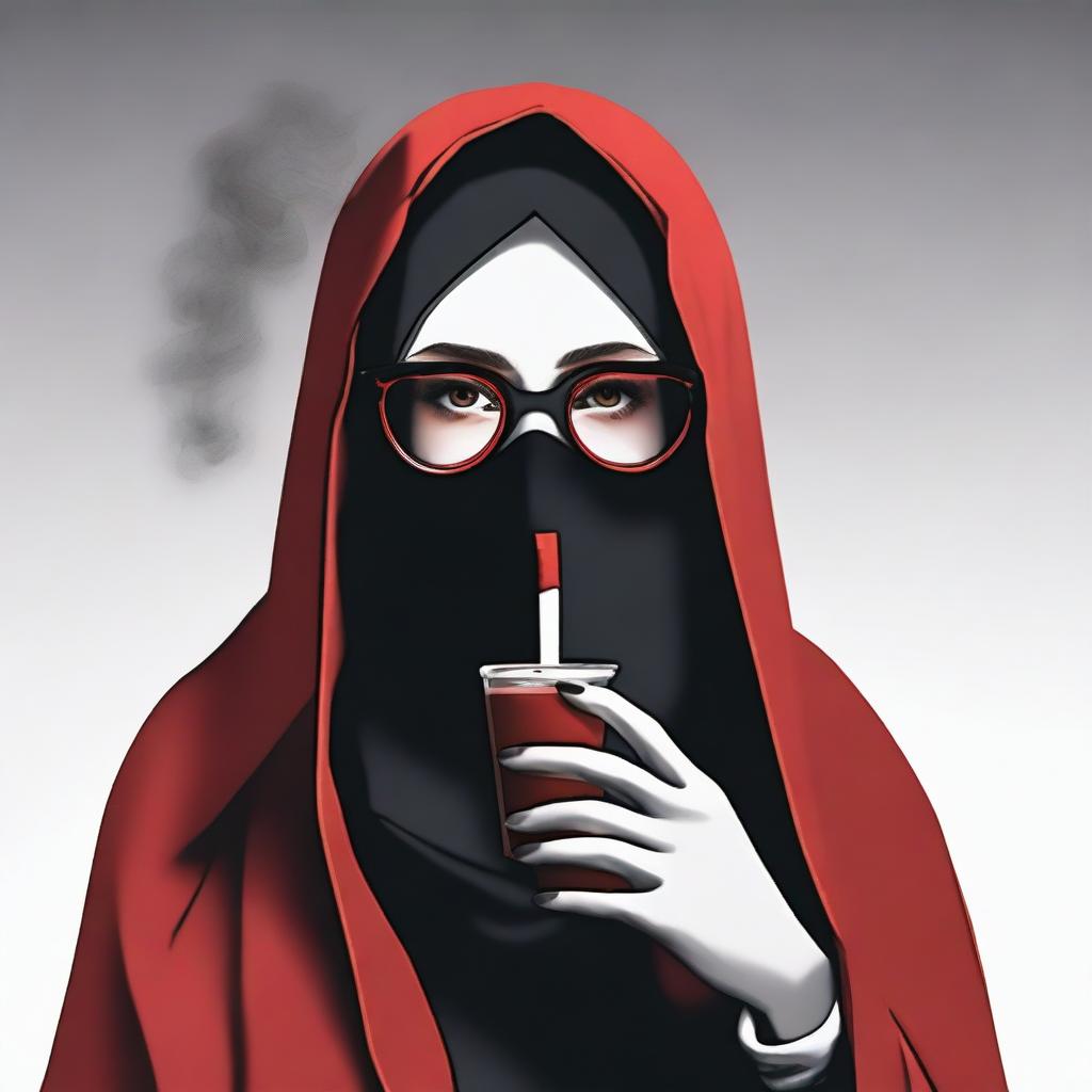 A woman wearing a hijab and niqab with glasses, removing her hijab to reveal red ombre hair, smoking a cigarette and drinking