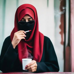 A woman wearing a hijab and niqab with glasses, removing her hijab to reveal red ombre hair, smoking a cigarette and drinking