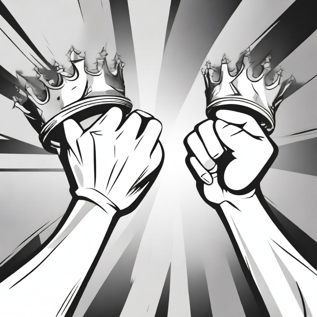 Two different hands are depicted fighting for an empty crown in an animated style