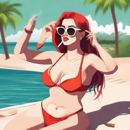 A woman with red ombre hair wearing glasses, smoking a cigarette, and drinking while in a bikini