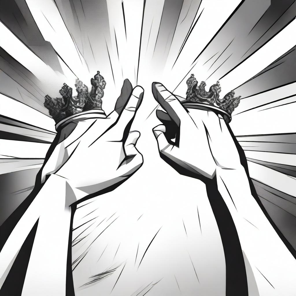 Two different hands are depicted fighting for one empty crown in an animated style