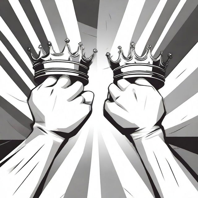 Two different hands are depicted fighting for one empty crown in an animated style