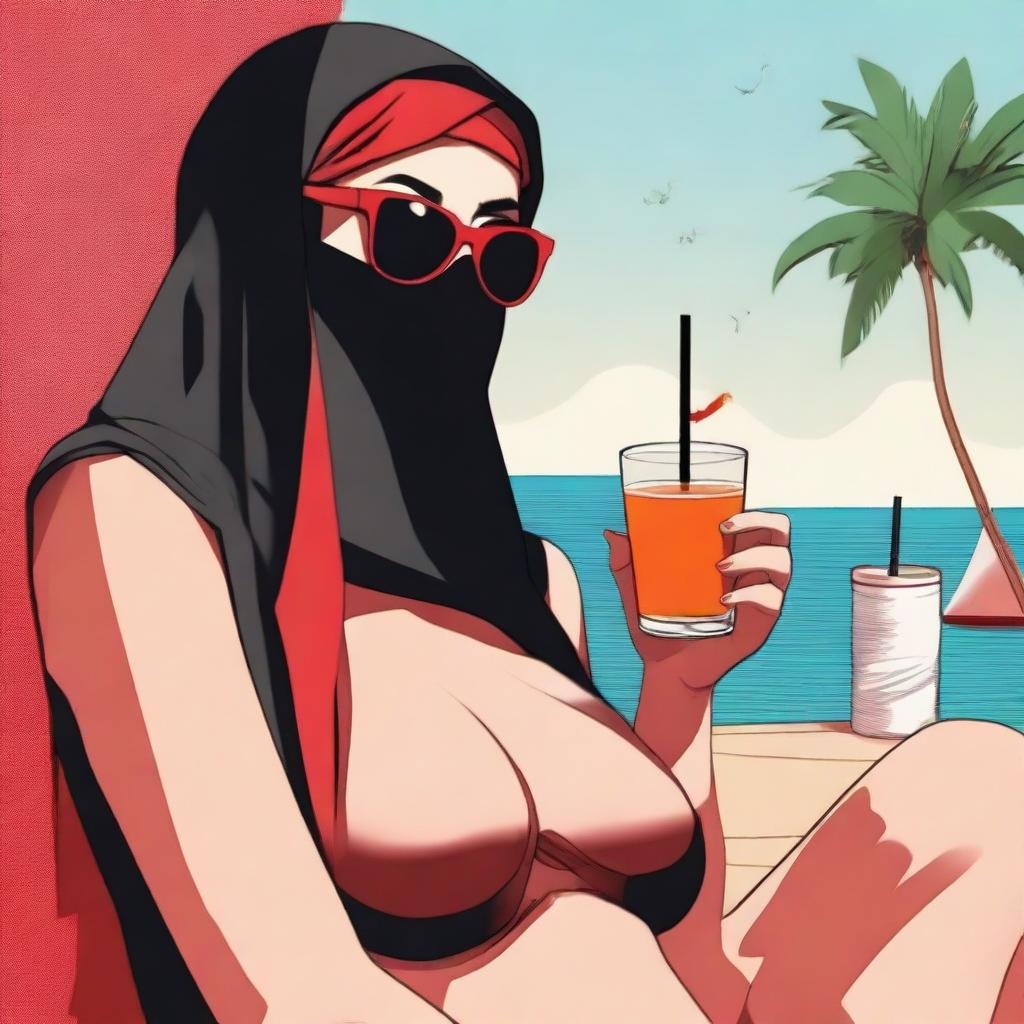 A woman wearing a hijab and niqab with glasses, revealing red ombre hair, smoking a cigarette, and drinking while in a bikini