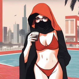 A woman wearing a hijab and niqab with glasses, revealing red ombre hair, smoking a cigarette, and drinking while in a bikini