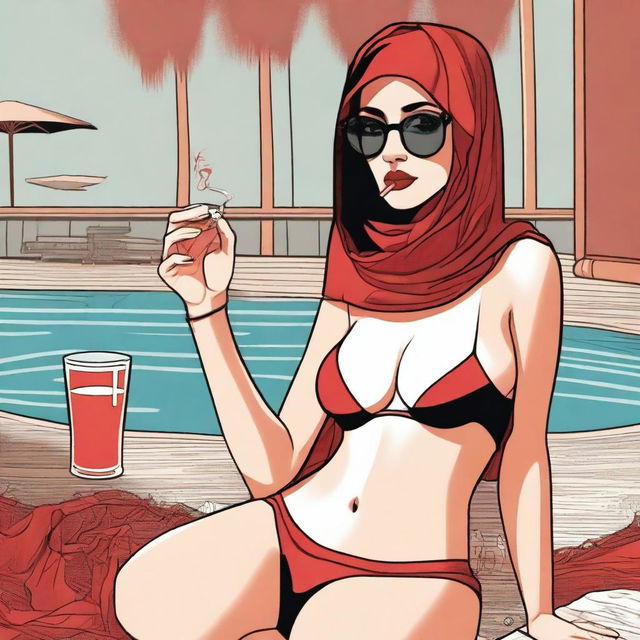 A woman wearing a hijab and niqab with glasses, revealing red ombre hair, smoking a cigarette, and drinking while in a bikini