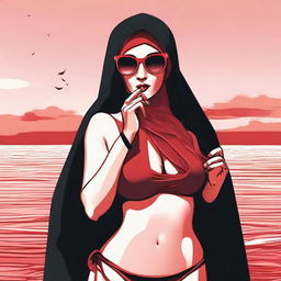 A woman wearing a hijab and niqab with glasses, revealing red ombre hair, smoking a cigarette, and drinking while in a bikini