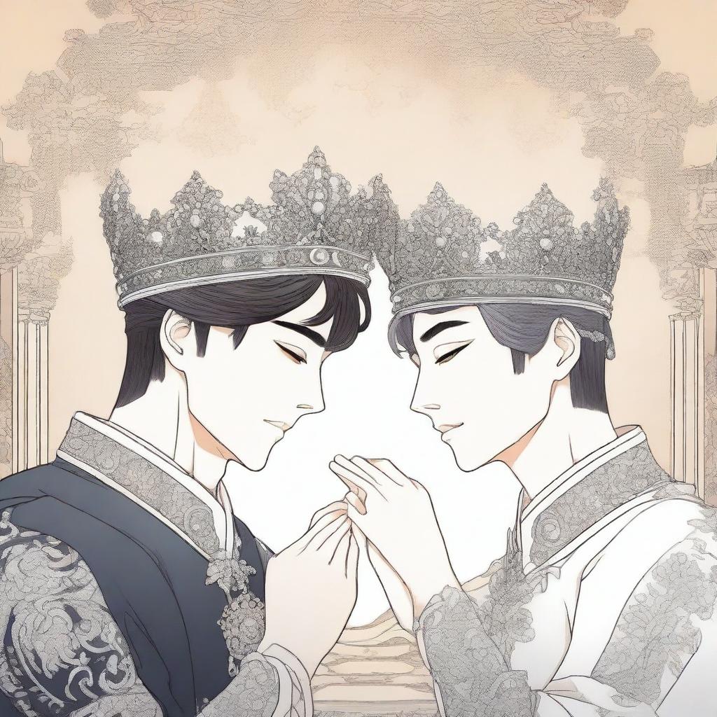 Two different hands are depicted placing one empty crown in a manhwa style