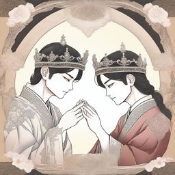 Two different hands are depicted placing one empty crown in a manhwa style