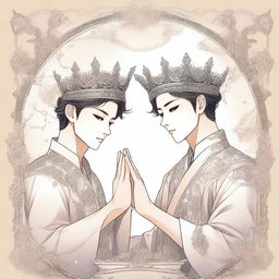 Two different hands are depicted placing one empty crown in a manhwa style