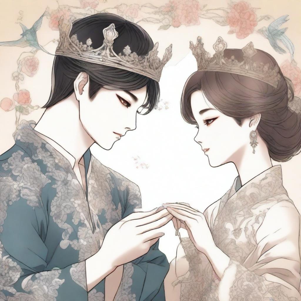 Two different hands are depicted placing one empty crown in a manhwa style