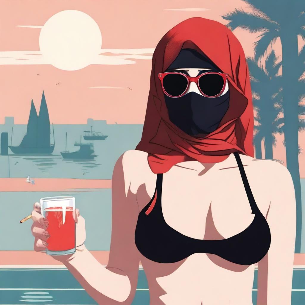 A woman wearing a hijab and niqab with glasses, revealing red ombre hair, smoking a cigarette, and drinking while in a bikini