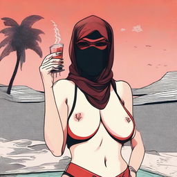 A woman wearing a hijab and niqab with glasses, revealing red ombre hair, smoking a cigarette, and drinking while in a bikini