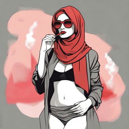 A woman wearing a hijab and niqab with glasses, revealing red ombre hair, smoking a cigarette, and drinking while in a bikini