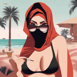 A woman wearing a hijab and niqab with glasses, revealing red ombre hair, smoking a cigarette, and drinking while in a bikini