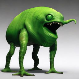 Create a horrendous, giant, deformed green creature with a slug-like and human-like form