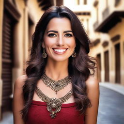A beautiful Spanish woman with striking features, dark flowing hair, and captivating eyes