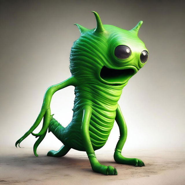 Create a horrendous, giant, deformed green creature with a slug-like and human-like form