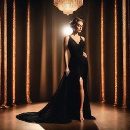 A glamorous actress in a stunning black dress is stepping onto a stage