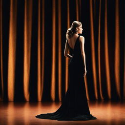 A glamorous actress in a stunning black dress is stepping onto a stage