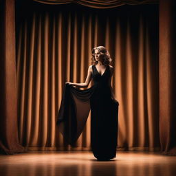 A glamorous actress in a stunning black dress is stepping onto a stage