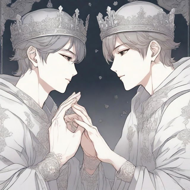 Two different hands are depicted touching one empty crown in a manhwa style