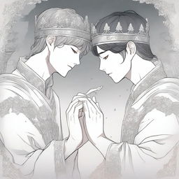 Two different hands are depicted touching one empty crown in a manhwa style