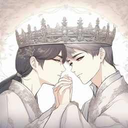 Two different hands are depicted touching one empty crown in a manhwa style