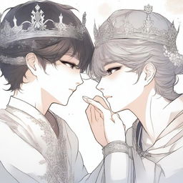 Two different hands are depicted touching one empty crown in a manhwa style