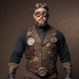 A burly, muscular man dressed in intricate steampunk attire, complete with brass goggles, gears, and Victorian era influenced clothing.