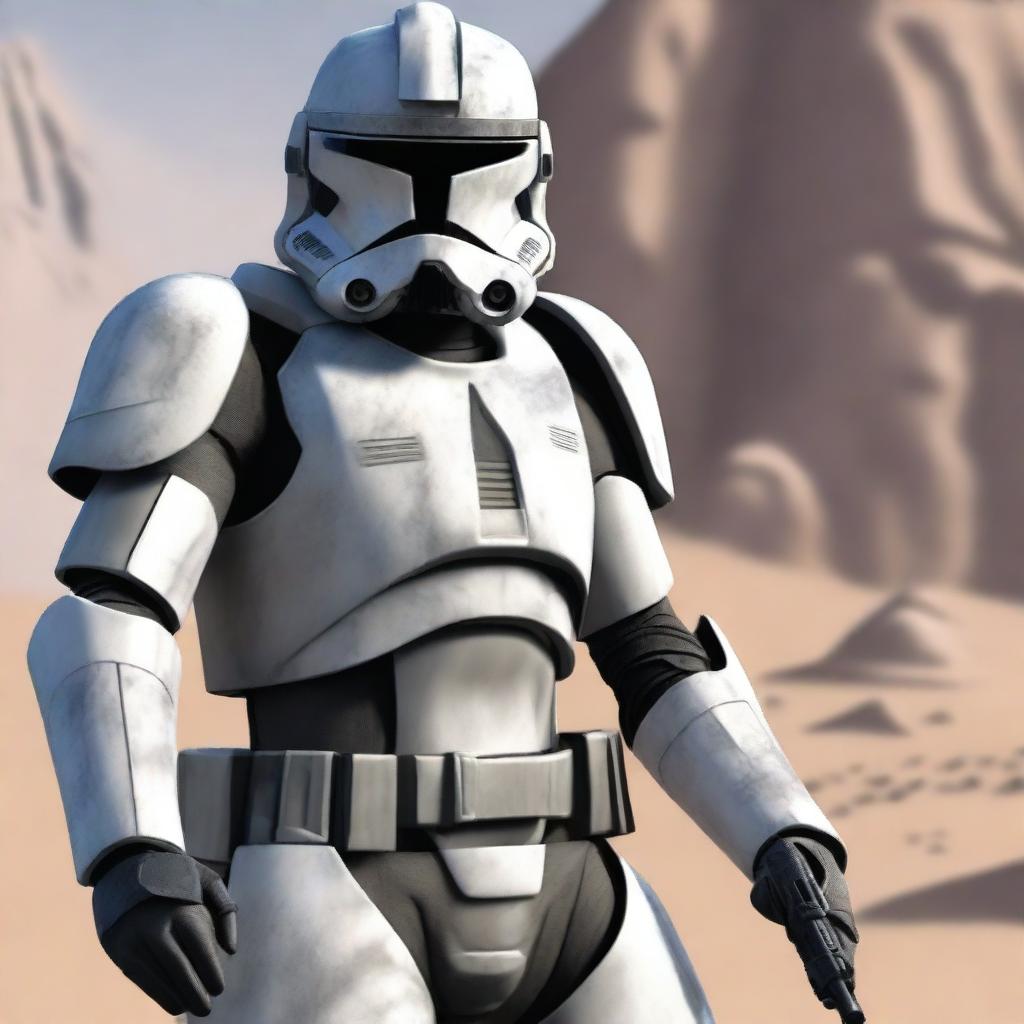 A clone trooper from the 104th Battalion wearing a helmet painted in gray