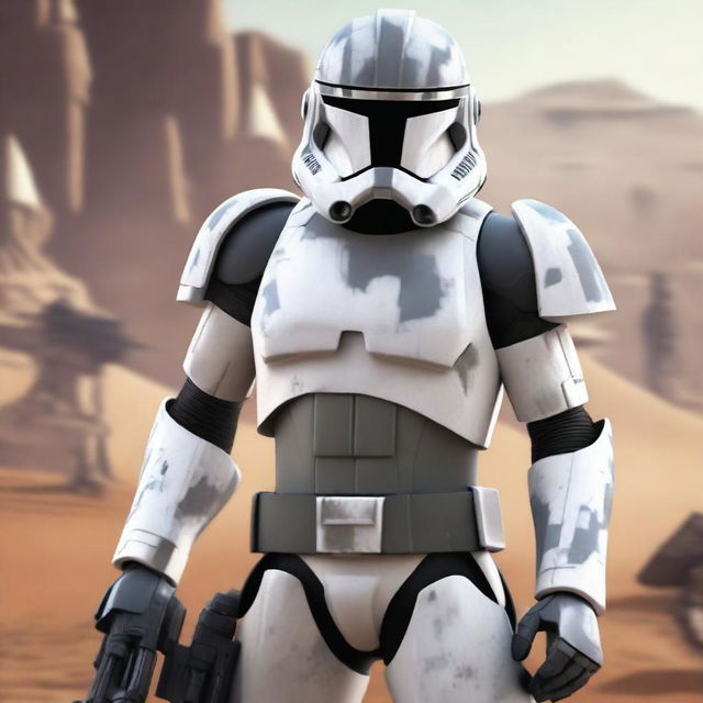 A clone trooper from the 104th Battalion wearing a helmet painted in gray