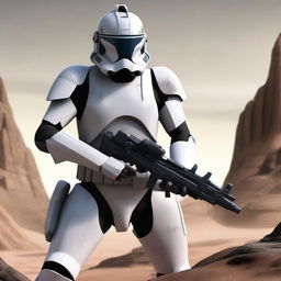 A clone trooper from the 104th Battalion wearing a helmet painted in gray