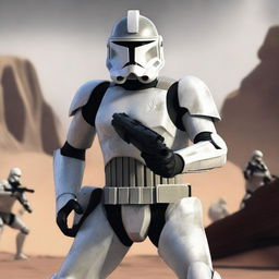 A clone trooper from the 104th Battalion wearing a helmet painted in gray