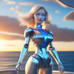 A blonde robot girl with sleek metallic features and glowing blue eyes, standing on a boat