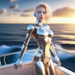 A blonde robot girl with sleek metallic features and glowing blue eyes, standing on a boat