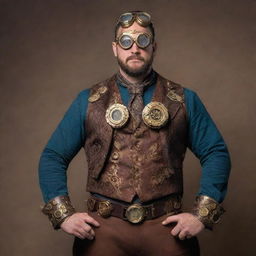 A burly, muscular man dressed in intricate steampunk attire, complete with brass goggles, gears, and Victorian era influenced clothing.