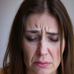 A close-up portrait of a woman showing deep sadness, tears streaming down her face in emotion, her expression full of sorrow.