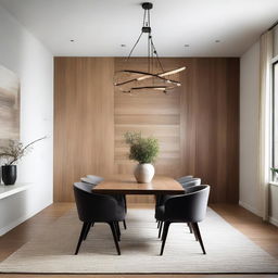 A cozy dining room with a textured wall